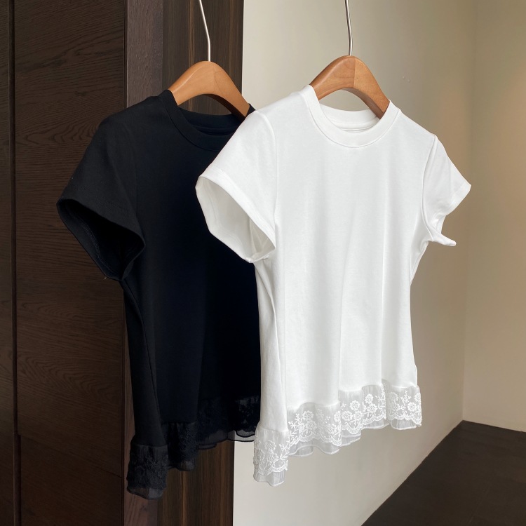 A13512甜美少女感 设计感下摆蕾丝花边拼接显瘦短袖T恤女春夏新详情27