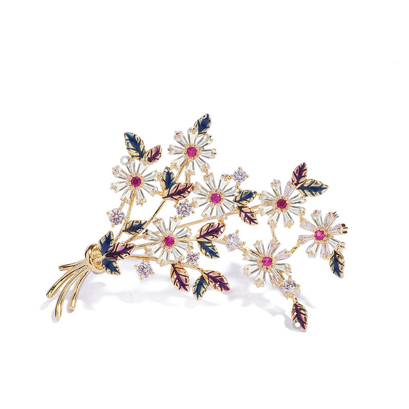 如奢饰品韩版高档镶锆石滴油枝叶花朵胸针女时尚珍珠胸花西服别针详情5