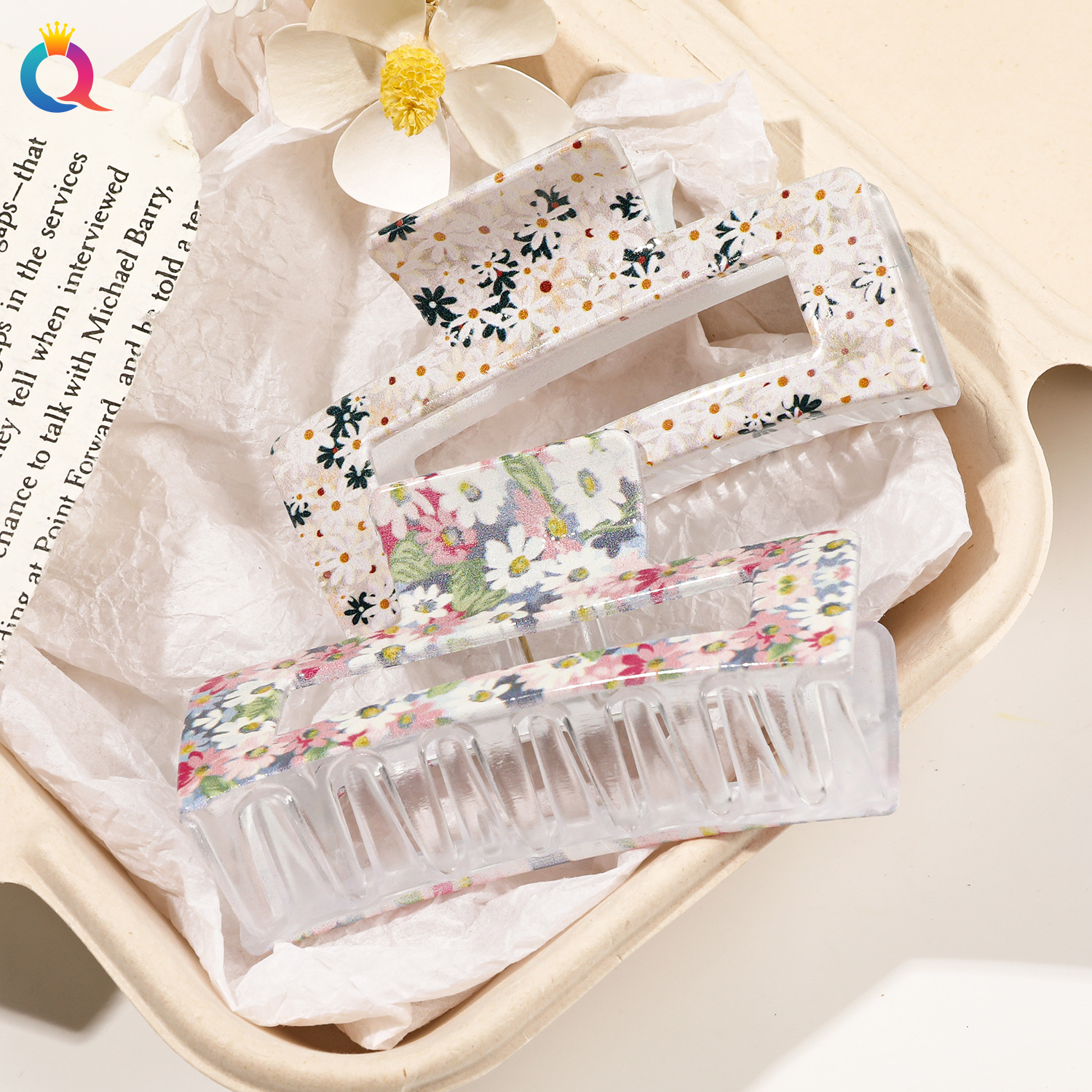 奇阅新款时尚UV印花方形抓夹女欧美创意盘发发夹小清新鲨鱼夹批发详情7