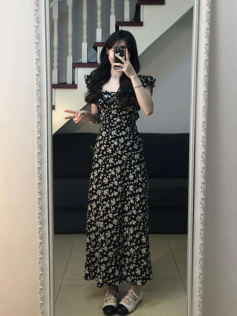 【 Ruida 】 Tea Break French Black Floral strappy small flying sleeve dress 2024 Summer Hepburn elegant Long dress pic 6