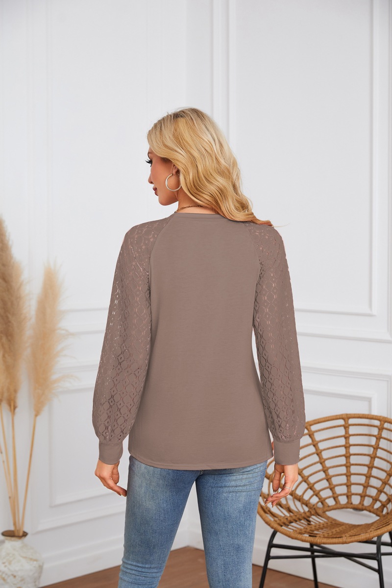 A best-selling lace patchwork round-neck pleated long-sleeved T-shirt for cross-border women's clothing from Europe and America in the autumn and winter of 2024 on Amazon pic 41