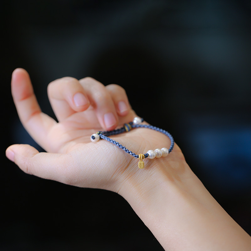 Natural pearl woven bracelet for women, 925 Silver Blessing brand pearl three-round bead hand-woven bracelet, commemorative small gift pic 5