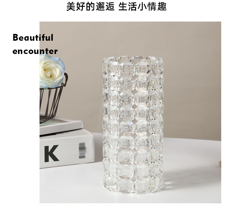 Pastoral simple crystal glass vase, living room dining table flower vase, transparent checkered fresh flower round straight tube vase pic 13