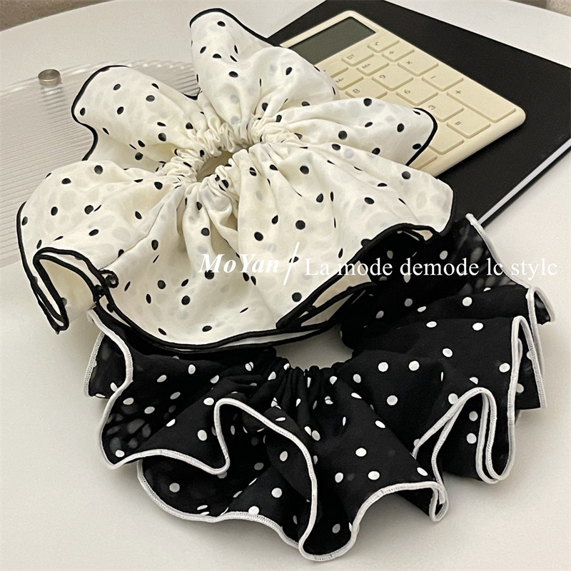 Double-layer white large polka dot large intestine hair band, elegant retro edge hair tie, French simple and elegant hair flower hair tie pic 10