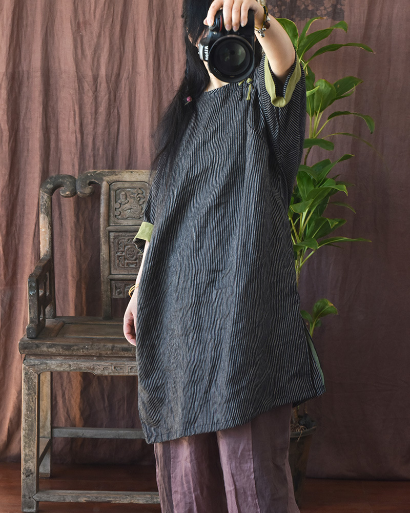 Hyacinth/Original striped contrasting color diagonal lapel hand-sewn button-up retro loose robe patchwork mid-length dress pic 14