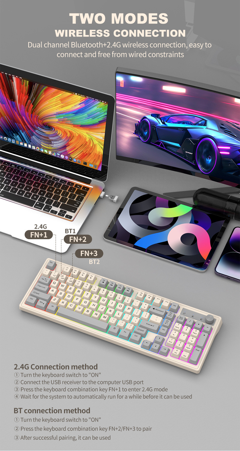 Viper K98 wireless Bluetooth dual-mode mechanical feel keyboard, fashionable color-blocking office luminous gaming computer keyboard pic 23