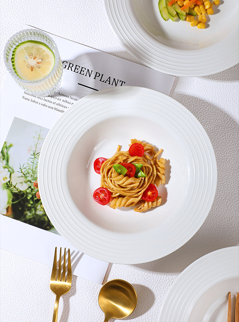 Ins-style pure white simple straw hat soup plate, home ceramic Western plate, pasta salad plate, hotel restaurant tableware pic 3