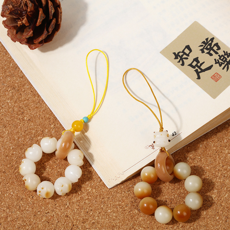 Cute charcoal-burned Bodhi cat paw mobile phone chain, wealth-attracting cat prayer beads running ring pendant, multi-treasure beads car key chain pendant pic 5