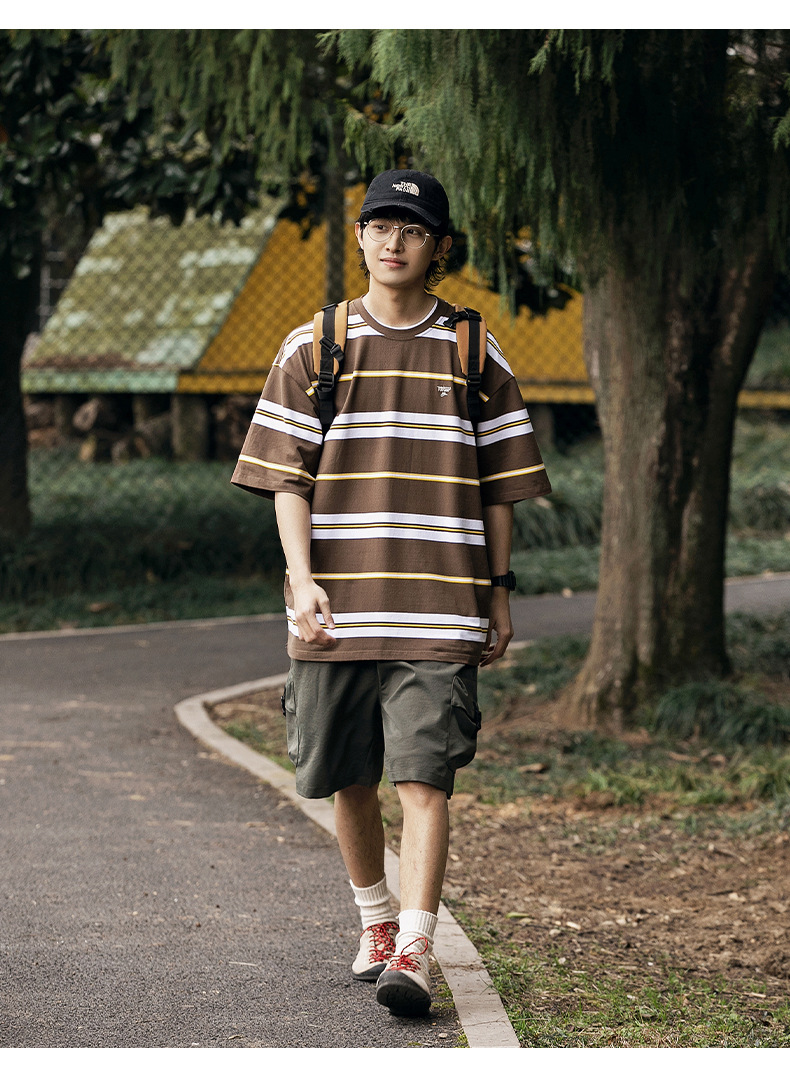 韩路男装 复古短袖T恤男夏季新款日系情侣字母刺绣撞色条纹体恤衫详情25
