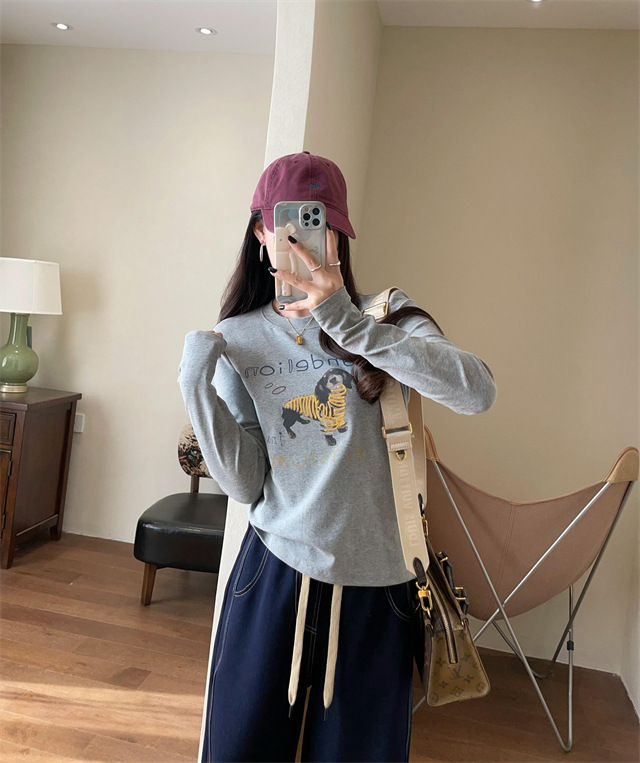 Playful and youthful embroidered printed puppy loose straight top straight-shoulder round-neck long-sleeved T-shirt for women 2025 early Spring G021418 pic 24