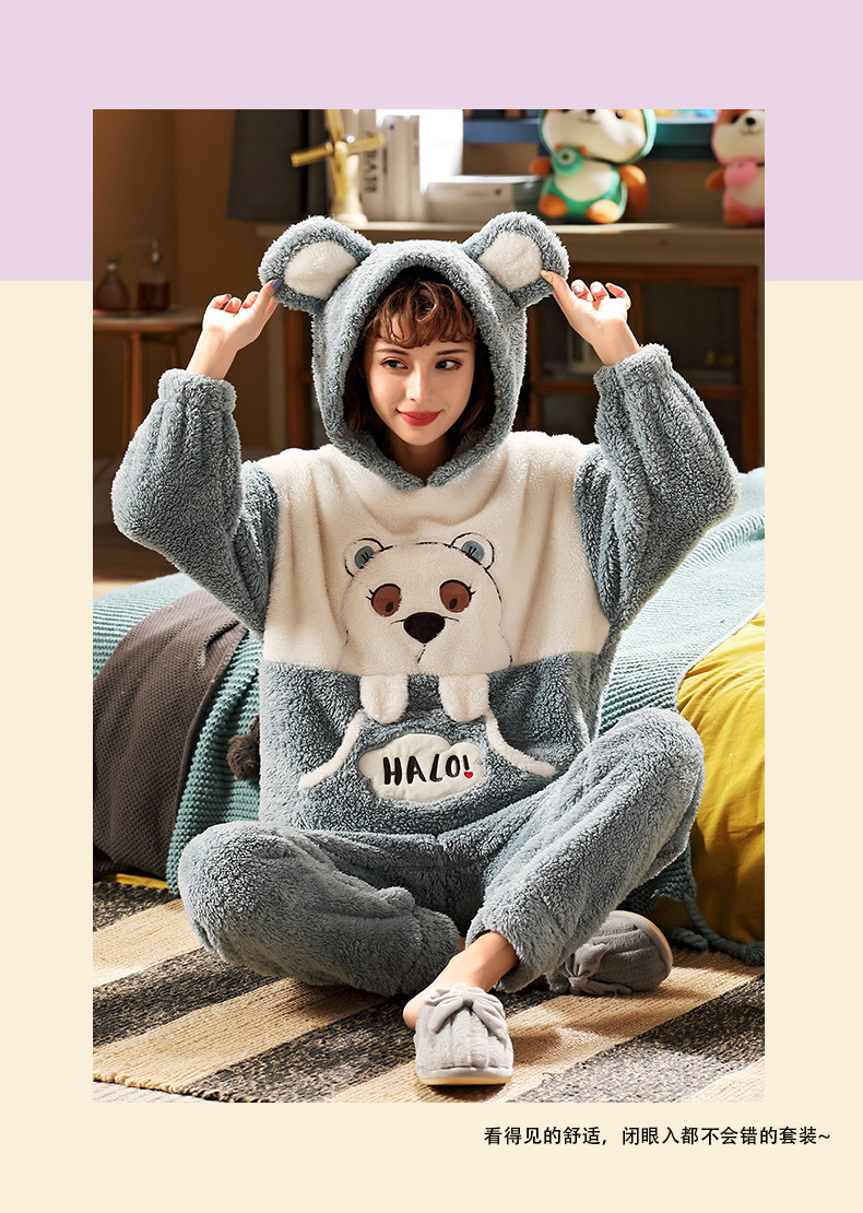 长毛绒冬季卡通情侣加厚加绒睡衣女帽子外穿法兰绒套装男士家居服详情51