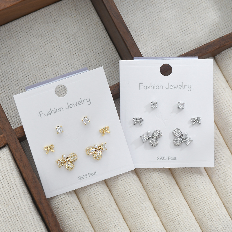 S925银针一卡三对套装耳钉女睡觉不用摘樱桃蝴蝶结耳饰品学生耳坠详情2