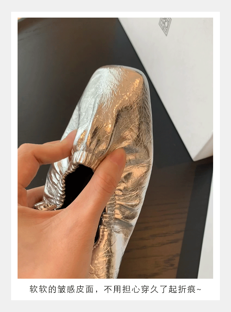 羊皮版葡萄妈同款法式银色方头芭蕾鞋女包头半拖鞋夏外穿粗跟凉拖详情5
