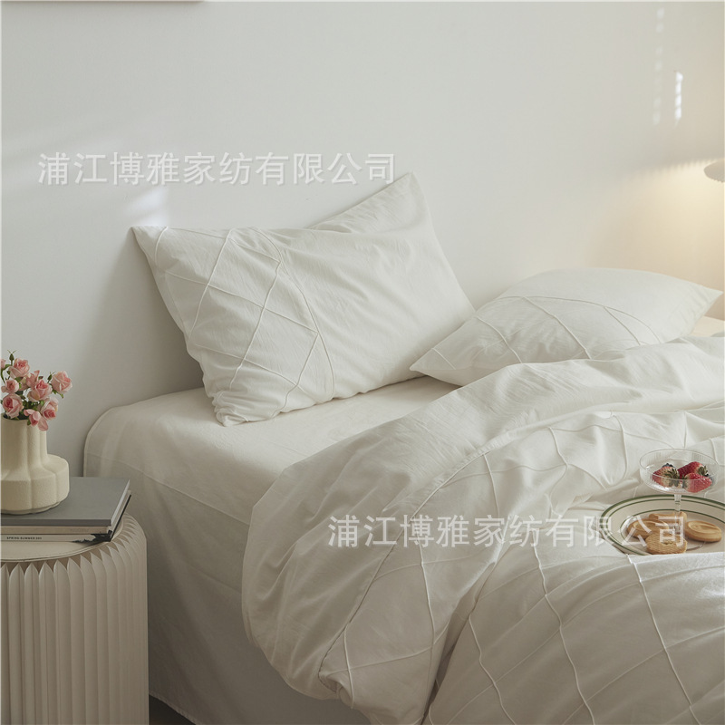 Wholesale of high-quality three or four-piece sets of washed cotton 40-count hand-knitted rhombus-shaped checkered plain pure cotton bedding pic 31
