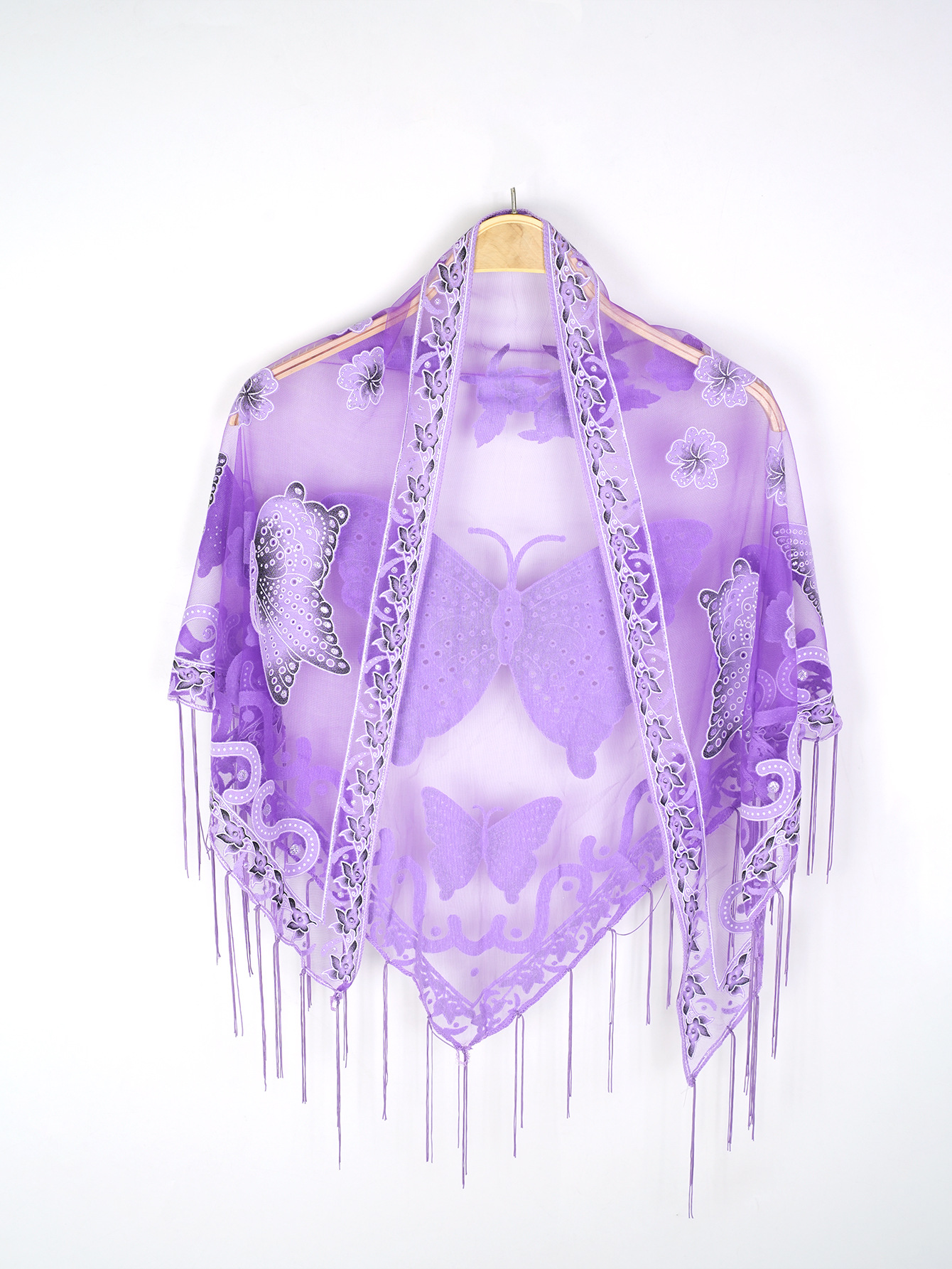 新款跨境专供流苏纯色镂空三角巾蕾丝蝴蝶绣花女士三角披肩围巾详情2