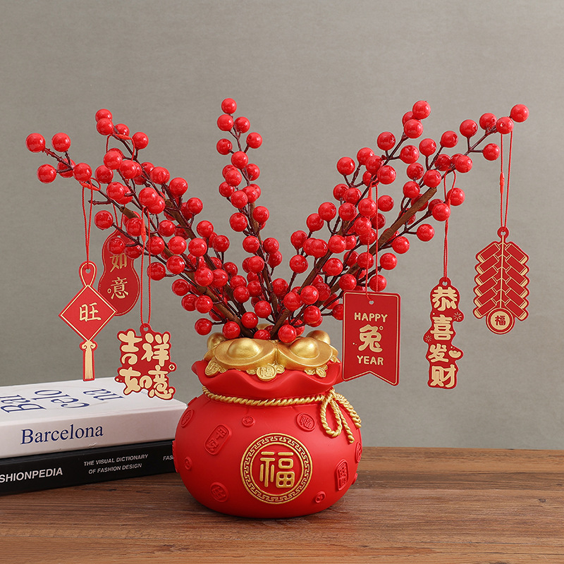 元宝钱袋客厅插花摆件新年喜庆存钱罐招财摆设麦穗红果干花花瓶详情6