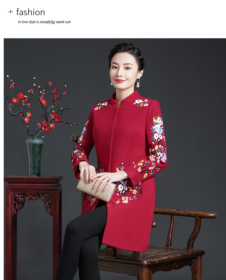 中老年红色毛呢外套2021冬季宴会绣花短大衣喜婆婆妈妈装一件代发详情13