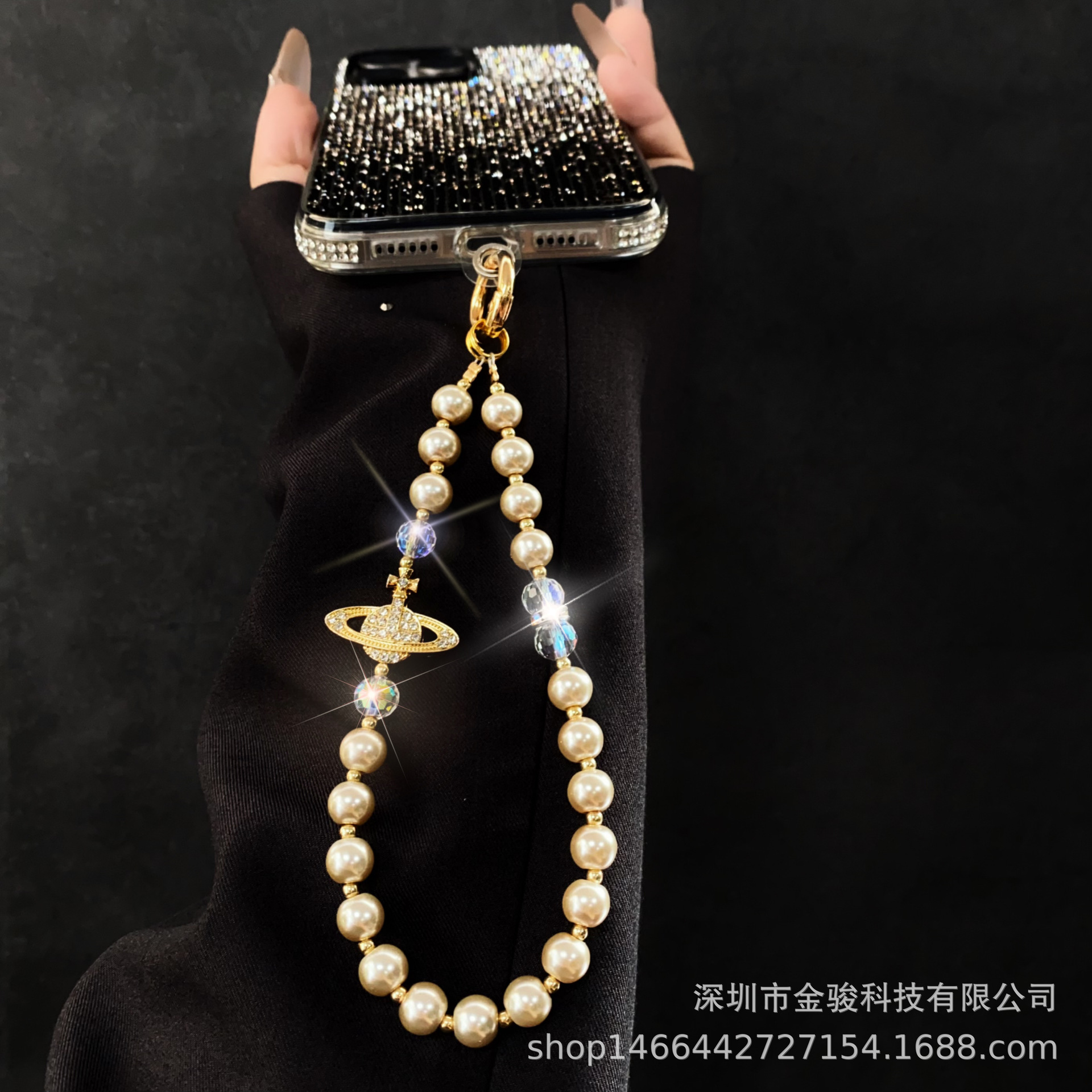 手机链条高级感 立体水晶蝴蝶结钥匙挂链 珍珠手机挂绳手腕款批发详情9
