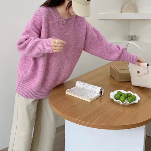 韩系纯色简约慵懒风麻花套头毛衣女秋冬款圆领长袖软糯打底针织衫详情14
