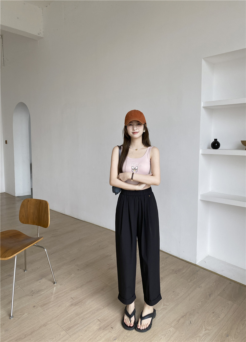 日系休闲裤子女夏薄款高腰显瘦遮肉阔腿直筒哈伦裤女速干裤九分裤详情17