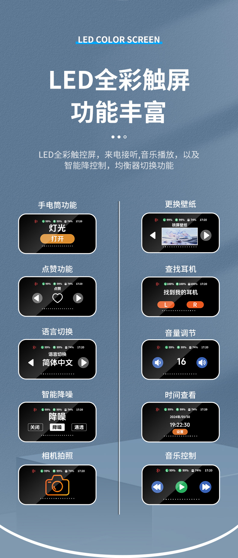 24年跨境新款G4彩屏蓝牙耳机超长续航入耳式ENC降噪耳机支持打标详情9