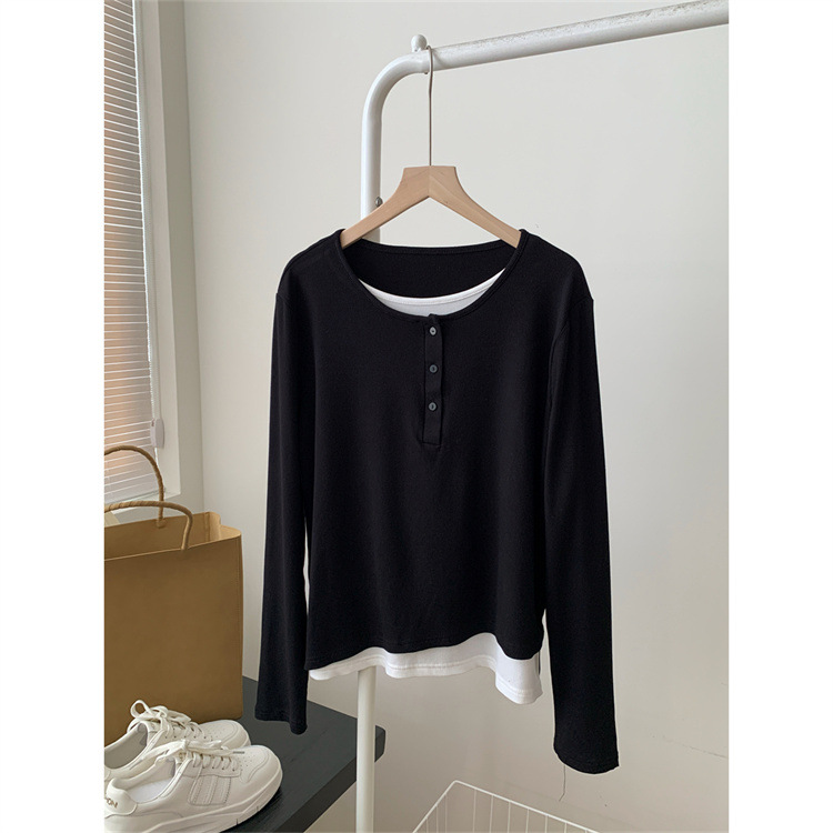 直播热卖原厂小排扣纯色显瘦长袖圆领黑白假两件T恤女秋冬打底衫详情7