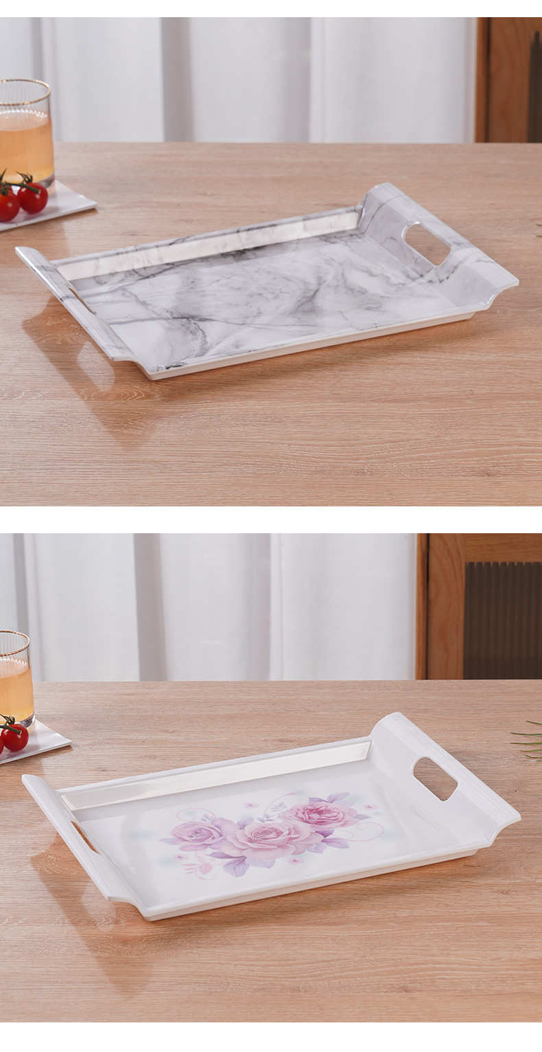 Double-ear faux porcelain melamine rectangular double-ear marble-patterned tray, tea set tray, fruit tray, gift box packaging pic 22