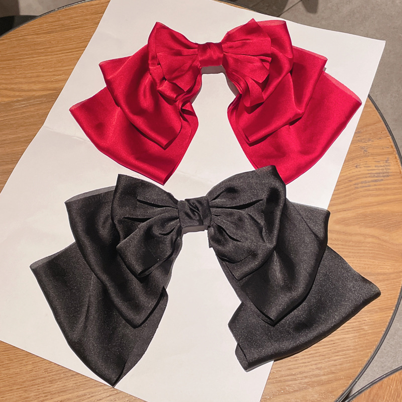 French-style black silk satin, extra-large bow ribbon hair clip, spring clip, back of the head, claw clip hair clip headwear pic 13