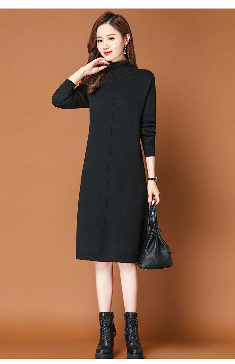 Mid-length, thickened knitted base, knee-length cashmere dress for women in autumn and winter 2022, high-neck knitted sweater dress pic 7