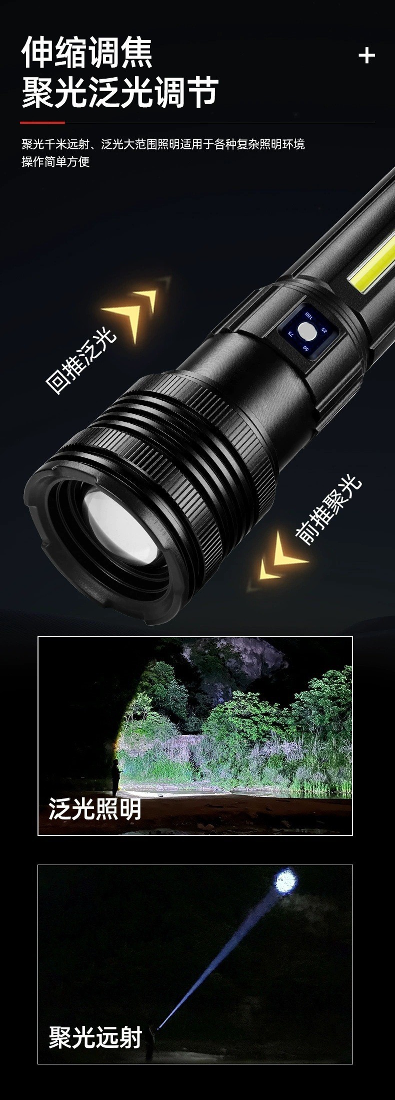 穿天炮白激光伸缩变焦COB侧灯强光手电筒持久续航远射手电筒详情2