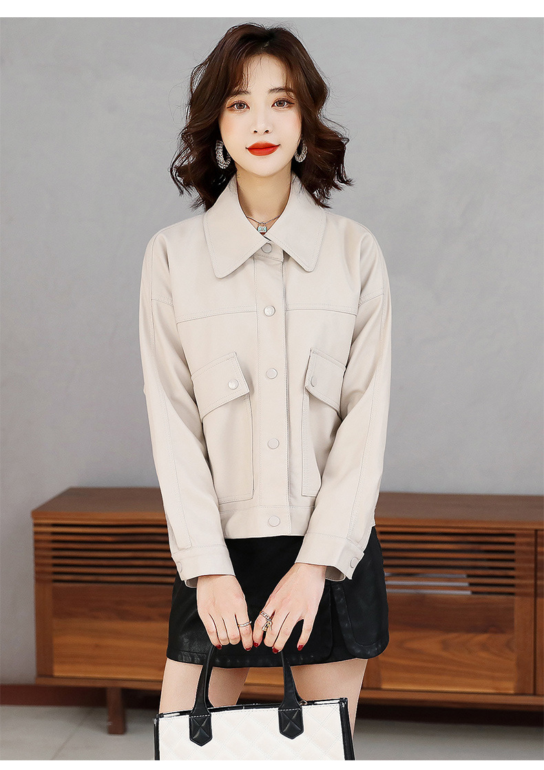 2022春秋装新款女式PU皮衣时尚翻领单排扣小个子帅气机车服短外套详情11