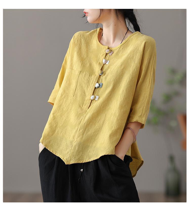 复古薄款盘扣防亚麻上衣女士夏季短袖不规则白色T恤打底棉麻衬衣详情15