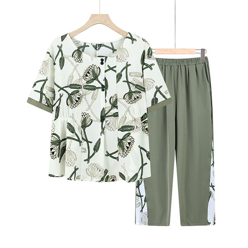 中年妈妈夏装棉麻套装洋气2024新款中老年女夏季短袖衬衫上衣薄款详情24