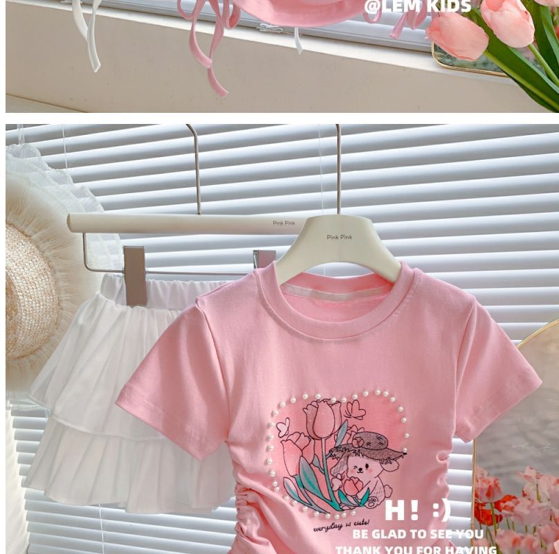 女宝宝抽绳半袖冰丝上衣24夏季新款女童珍珠爱心甜美卡通短袖T恤详情3