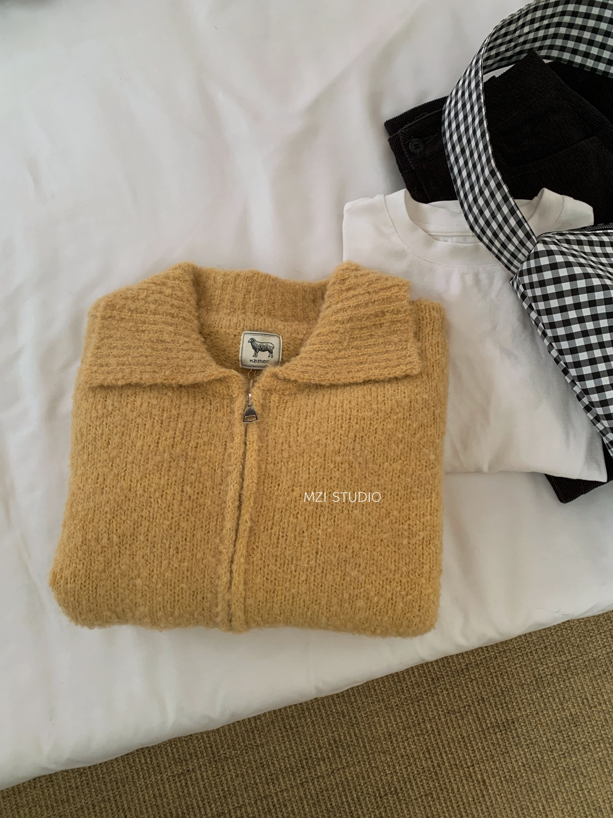 M.ZI秋冬韩系减龄羊毛混纺针织开衫慵懒风休闲宽松拉链毛衣外套女详情20