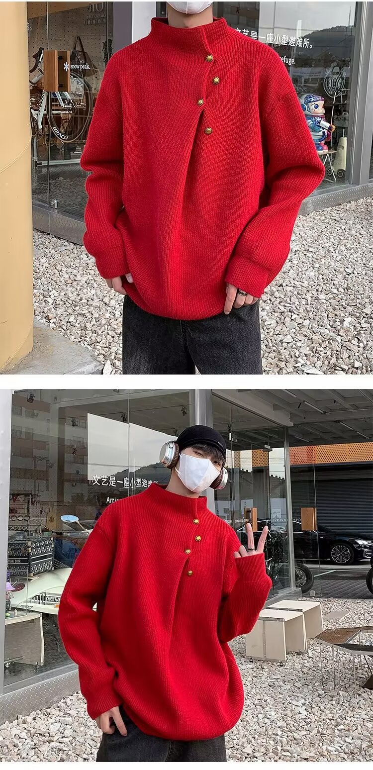 A high-neck sweater with an irregular button design, a stylish and laid-back oversized knitted top from a Korean streetwear brand pic 17