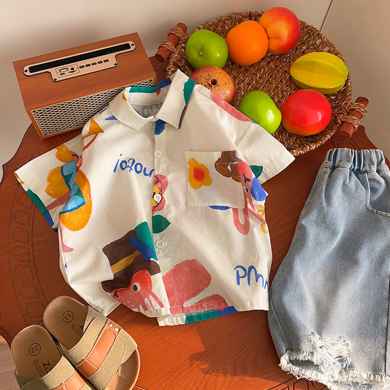 男童花衬衫短袖2024夏季新款儿童宝宝洋气翻领衬衣小童男孩潮上衣详情5