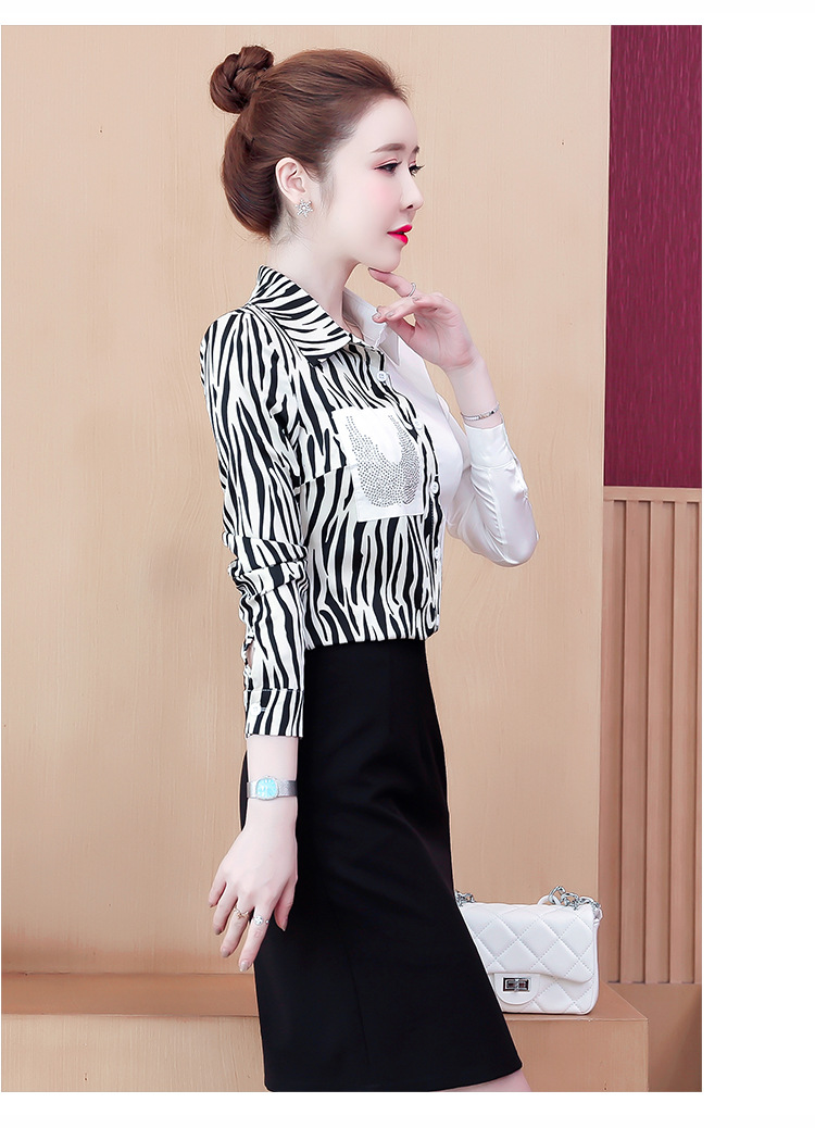 实拍20韩版宽松英伦复古时尚衬衫女缎面拼接烫钻polo领衬衣详情29