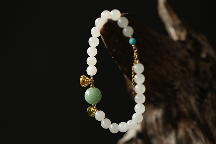 999 pure gold Maitreya Buddha natural 7mm Hetian jade round bead cut peridot bracelet 18K gold tail pendant pic 8
