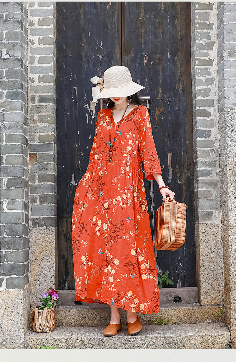 2024夏季新款中年妈妈复古文艺印花棉麻收腰连衣裙宽松大摆长裙女详情35