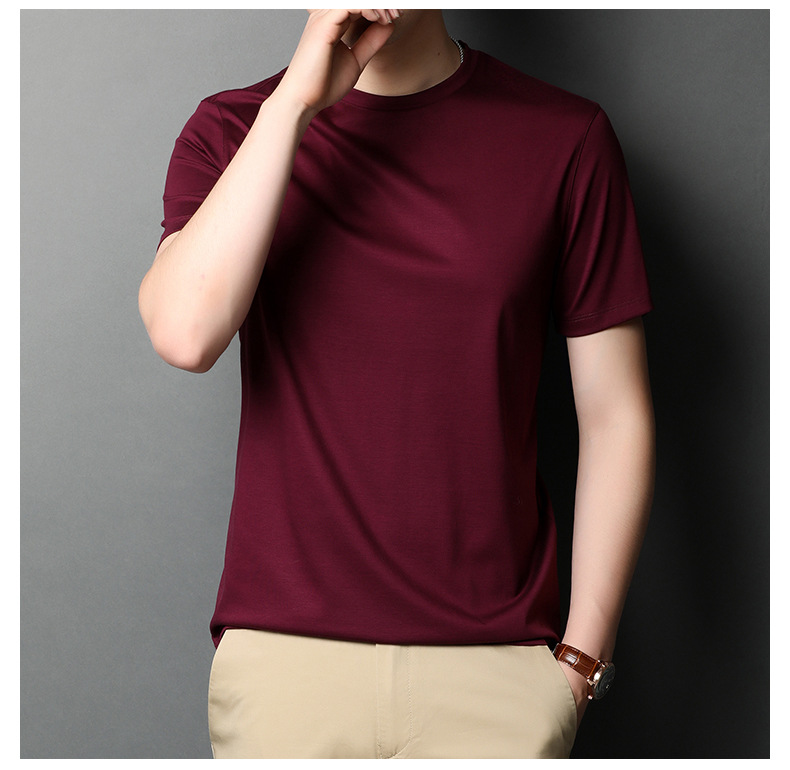 A new short-sleeved T-shirt for men made of mulberry silk in summer, with a round neck and solid color. It is a simple and thin Korean-style trendy base layer made of silk pic 33