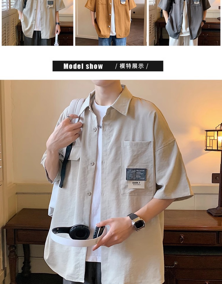 帅气工装美式衬衫男士2024新款潮牌夏季休闲短袖男生夏天宽松衬衣详情5