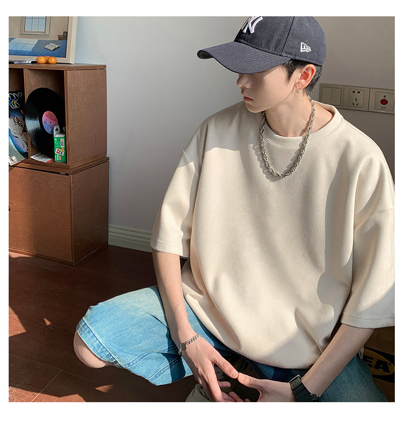 麂皮纯色短袖T恤男2023夏季质感半袖宽松t恤圆领半袖衣服青少年详情25