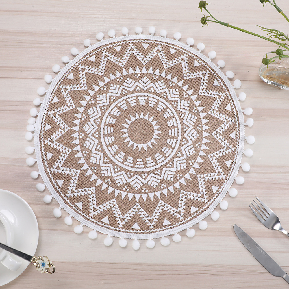 Moroccan-style anti-slip faux linen printed small wool ball placemats, home decorative MATS, high-end light luxury table MATS for hotels and homestays, heat-insulating MATS, placemats, heat-resistant MATS pic 6