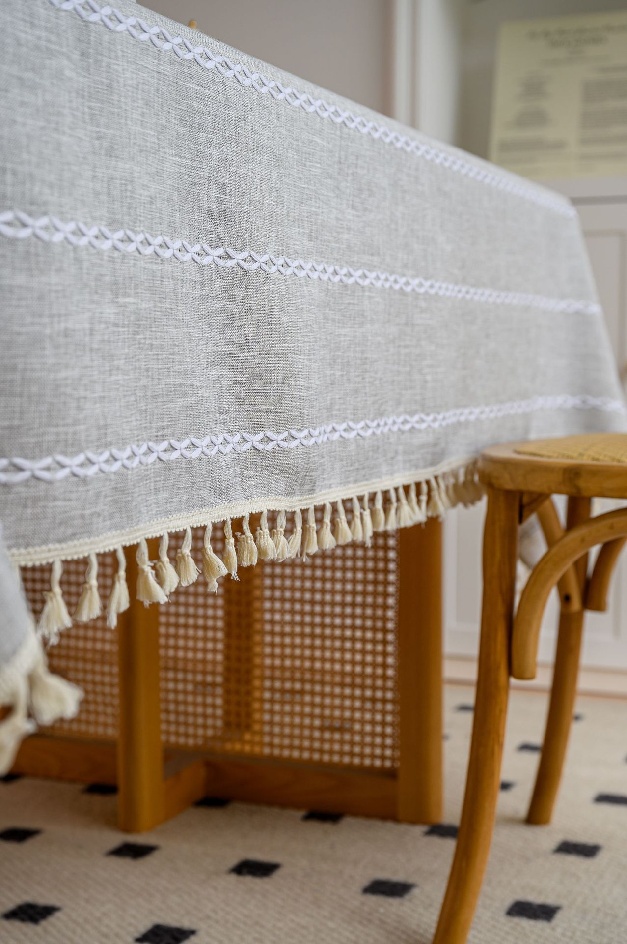 Cross-border three-dimensional embroidered striped tablecloth, popular black solid color, white cotton and linen tablecloth cover, fabric outdoor party pic 77