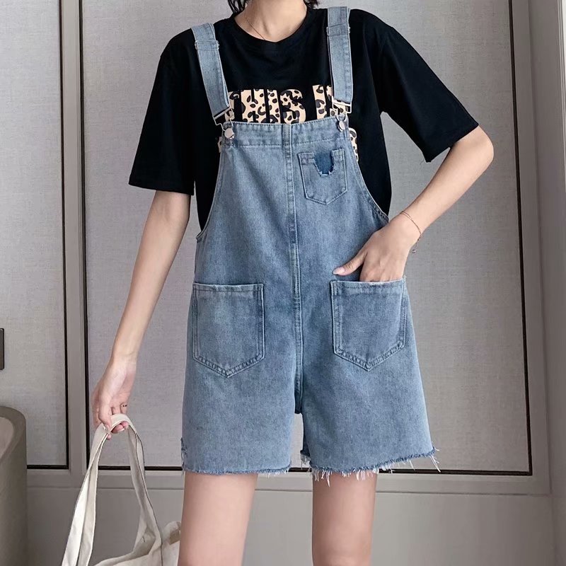 Summer internet-famous ripped denim overalls for women, high-waisted, loose, plus-size, youthful and petite student suspenders pic 8