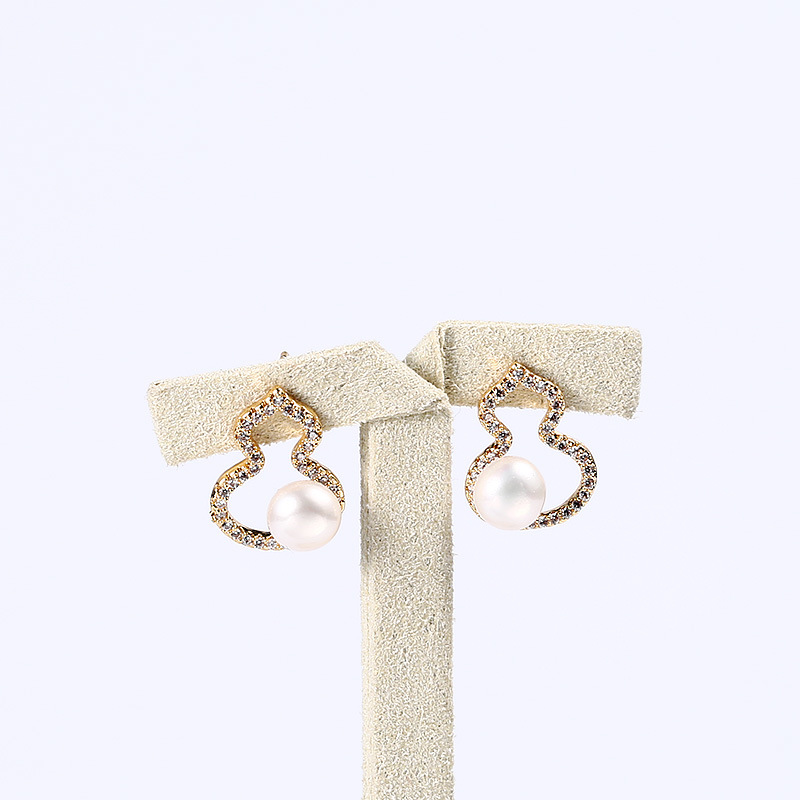 Natural freshwater pearl earrings, gourd stud earrings, Chinese style 14K gold-plated, fashionable S925 silver needle earrings, stud earrings for women pic 12