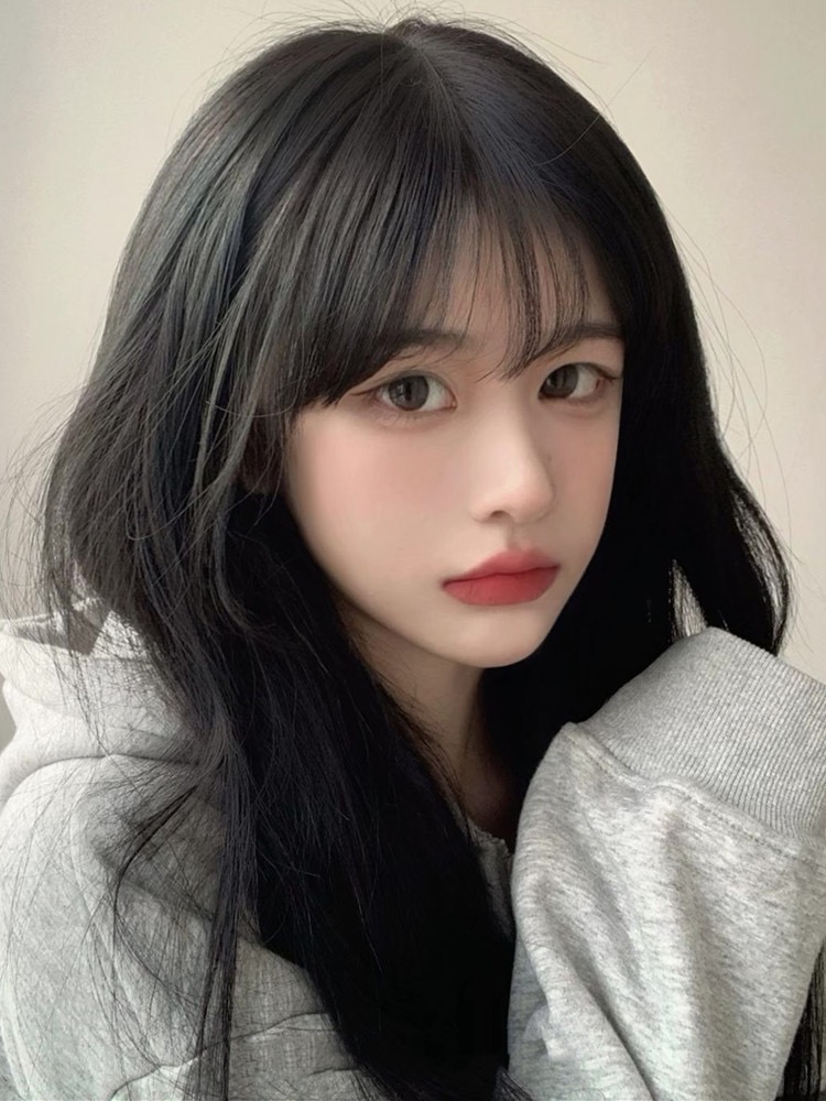 Bubble bean wig, long female hair, cold heart, straight hair, Internet celebrity cosplay air bangs, daily natural full head set pic 12