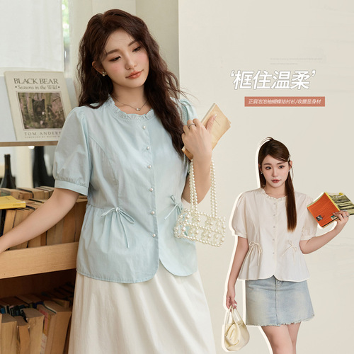 Light French style shoulder polka dot mesh patchwork top for plump girls, large size, slimming, versatile short-sleeved shirt 65378 pic 9