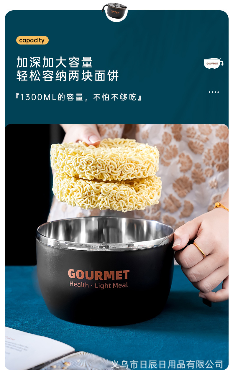 304不锈钢泡面碗可沥水 带盖宿舍日式可爱学生女食堂打饭碗快餐碗详情5